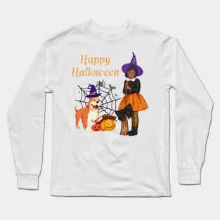 Halloween witch with her cute bulldog Long Sleeve T-Shirt